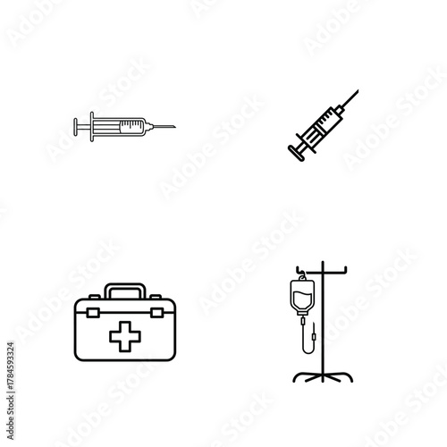 Medical icons set featuring syringes first aid kit and iv drip stand in simple line art style