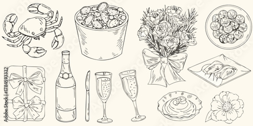 Hand drawn sketch of a celebratory feast with champagne crab oysters cake and flowers