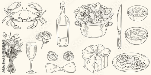 Hand drawn sketch of a crab lobster salad bottle wine glass roses gift and food elements