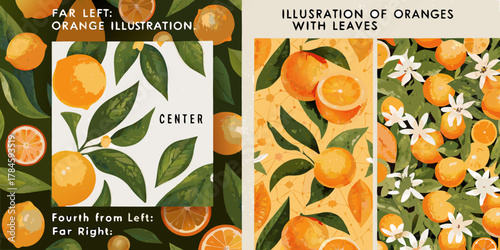 Vibrant illustration of oranges with green leaves and white blossoms on a textured background
