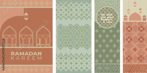 Ramadan kareem greeting with islamic geometric patterns and mosque silhouette in warm earthy tones
