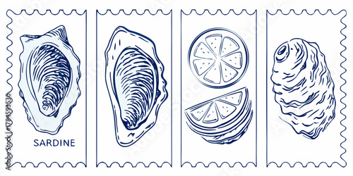 Hand drawn sketch of oysters and lemon slices in a vertical stamp design with a sardine label