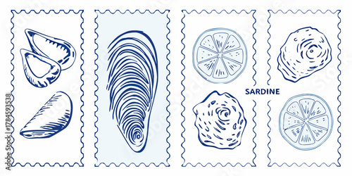Hand drawn blue ink illustrations of mussels oyster lemon slices and sardines on a white background