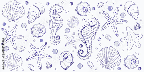 Collection of hand drawn seahorses starfish seashells and bubbles in a whimsical line art style