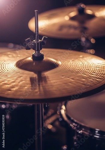 Close-up shot of a golden cymbal on a drum set, illuminated by warm light.