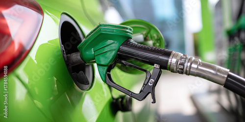 Fueling the Journey: A Captivating Close-Up of a Car Refueling at a Green Gas Station Pump