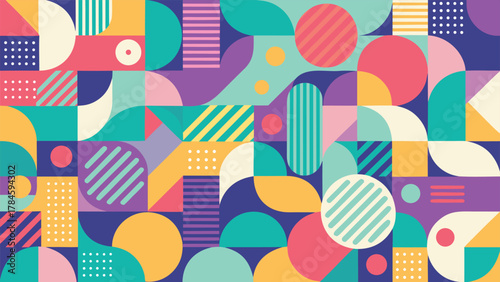 Colorful abstract pattern featuring overlapping circles and squares in vibrant hues..eps