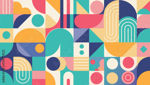 Vibrant abstract artwork showcasing a playful arrangement of circles and squares in various colors..eps