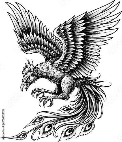 Phoenix bird drawing mythical creature tattoo design fire wings rebirth eps silhouette