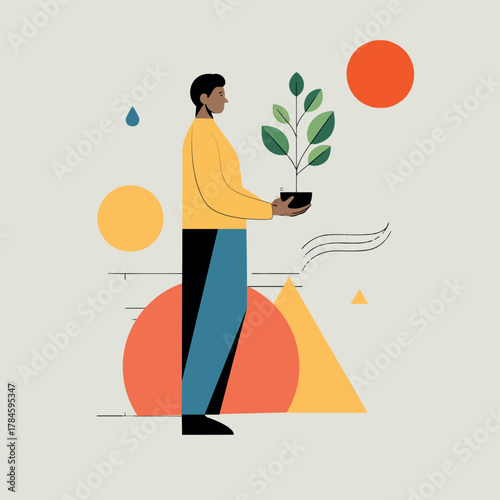 Man watering potted plant flat vector illustration