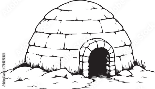 A monochrome illustration of a traditional igloo, showcasing the beauty of the frozen north, constructed meticulously with snow.