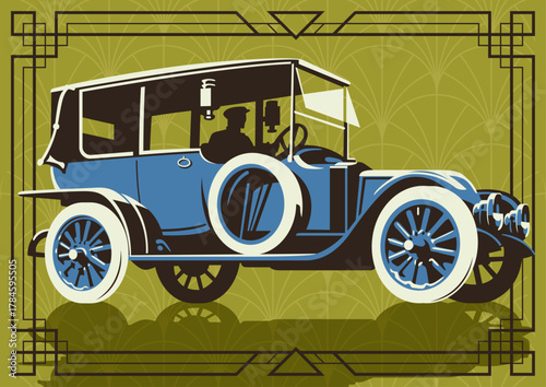 1920s Automobile Poster, Retro Car Vector Illustration, Old Vehicle, Art Deco Frame