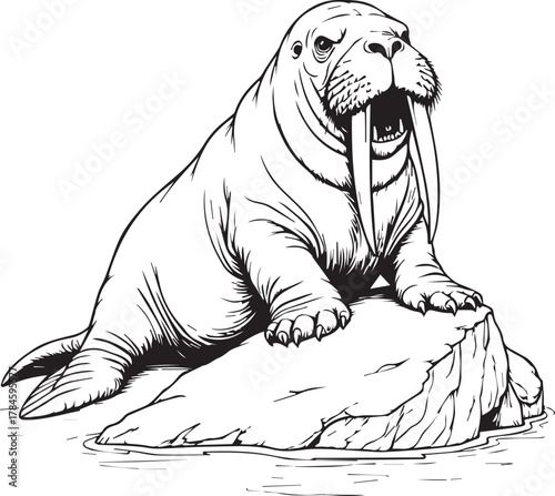 A majestic walrus with impressive tusks surveys its domain from atop an iceberg, rendered in stunning black and white line art.