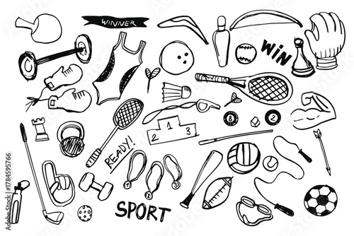 Crayon kid grunge scribble sports element , doodle, kid set hand drawing on paper with pencil, crayon, charcoal, and chalk texture. Naive and childish element, book illustration, and more.