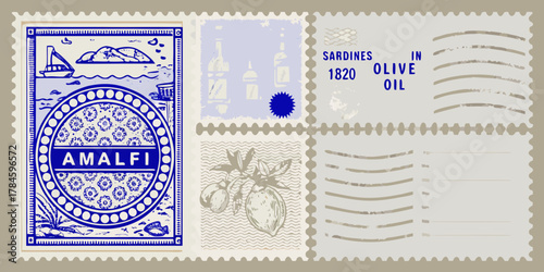 Vintage italian amalfi coast themed postage stamps featuring sardines in olive oil and lemons
