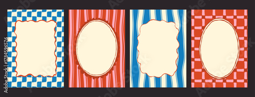 Whimsical hand drawn postcard set. Vintage doodle Coquette border set. Minimalist frames, mediterranean elements for menu, wedding, prints, invitation. Coastal Vector illustration