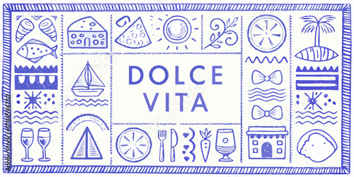 Dolce vita italian lifestyle hand drawn illustrations with food and travel elements