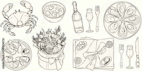 Hand drawn sketch of a seafood feast with oysters crab champagne and a beautifully arranged food platter