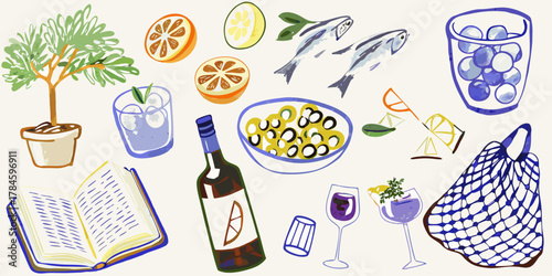 A vibrant watercolor illustration of a mediterranean picnic spread with food drinks and a book
