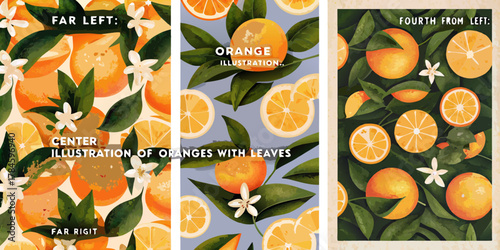 Vibrant citrus illustration featuring oranges leaves and blossoms in a triptych design