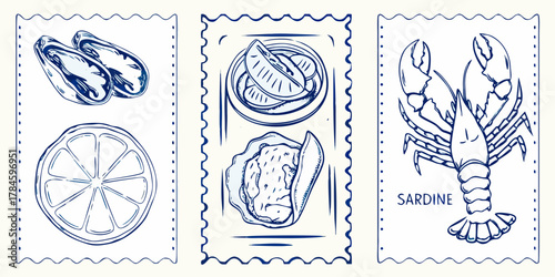 Hand drawn blue ink illustrations of seafood and citrus slices presented as postage stamps