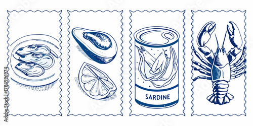 Hand drawn sketch of seafood and fruits in blue ink on white background with decorative borders