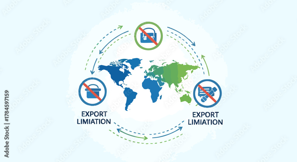 Fototapeta premium Global trade restrictions and export limitations visualized on a world map.