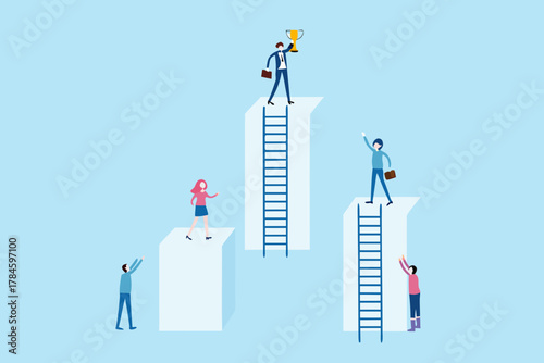Business competition and success with a winner holding a trophy at the top of a graph bar