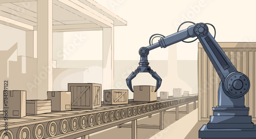 Automated robotic arm efficiently moving boxes along a conveyor belt in a factory setting.