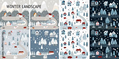Charming winter village scenes with cozy houses and snowy trees in a flat design style