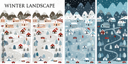 Charming winter village scenes with snow covered houses and winding roads
