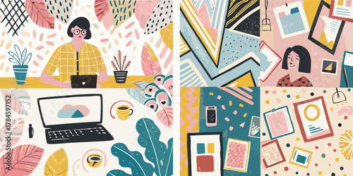 Creative collage of a woman working remotely with plants and abstract patterns