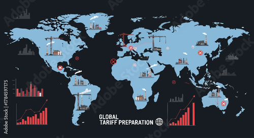Global tariff preparation map illustrating international trade and economics.