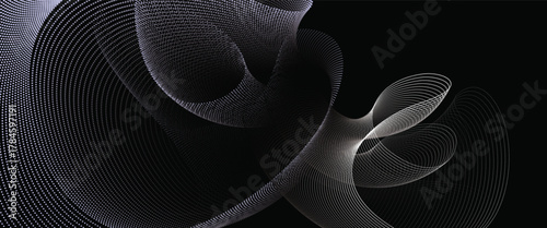 Flowing dots particles wave pattern halftone black gradient curve shape vector illustration ideal for technology, science and music.