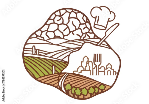 Elegant logo featuring a truffle, landscape, and chef's hat. Rustic, detailed illustration evokes culinary pride and quality. Suitable for food brands and gourmet products.
