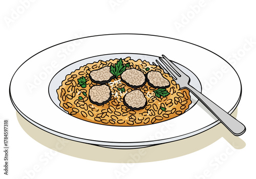 Elegant truffle risotto dish presented on a white plate with a fork. A sophisticated and appetizing food illustration, perfect for culinary or restaurant marketing.
