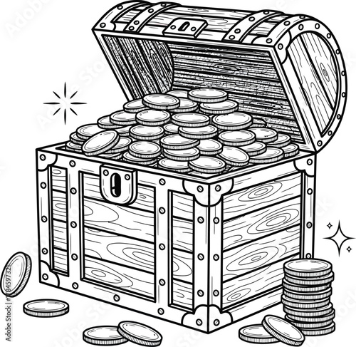 Treasure chest coloring page open with gold coins vector illustration eps silhouette