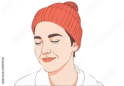 A young man with a red beanie smiles warmly, evoking feelings of memory and comfort. Simple, soft illustration style. Ideal for lifestyle and wellness themes.