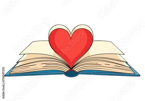 An open book with a heart symbol floats above an open page. A vibrant, illustrative design perfect for books, reading, and love themes. Clean, modern, and visually appealing.