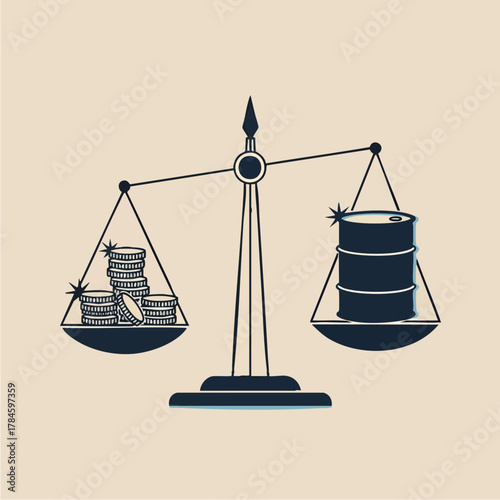 Oil barrels outweigh money on a scale, symbolizing economic imbalance and trade.