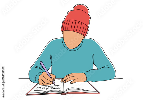 A young person wearing a red beanie and blue sweater writes in a notebook at a desk. Focused and engaged, this image evokes creativity and productivity. Clear, simple composition.