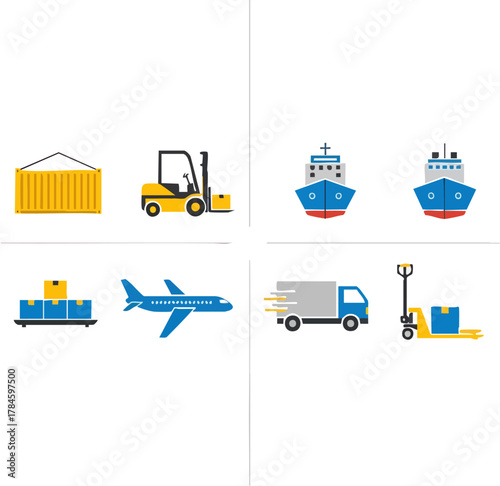 Various modes of transportation and logistics for global shipping and delivery.