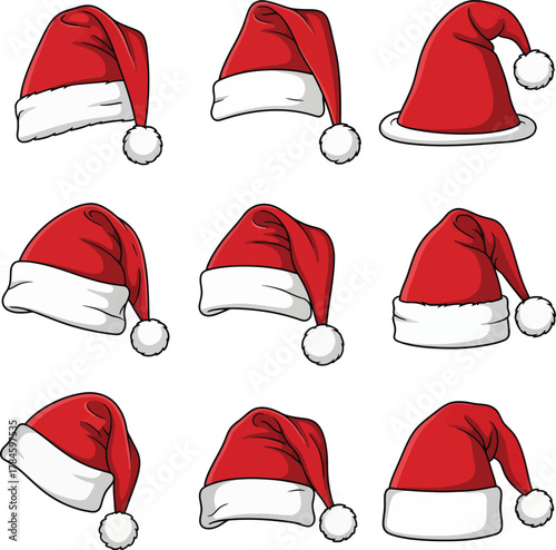 Buy christmas santa hats red and white cartoon illustration set vector eps silhouette