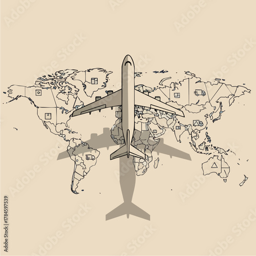Airplane flying over the world map, representing global travel and transportation.