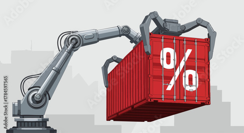 Robotic arm lifting a red shipping container with percentage symbol, trade concept.