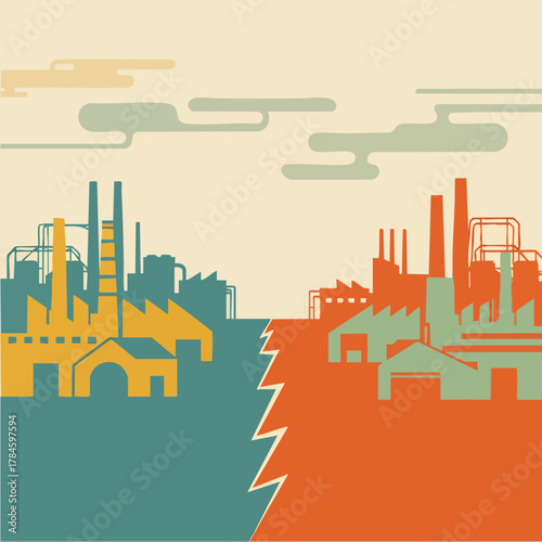 Industrial landscape split by a jagged line representing division and conflict.