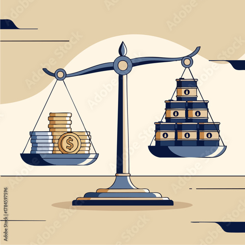 Balance scale depicting money and oil barrels representing economic concepts.