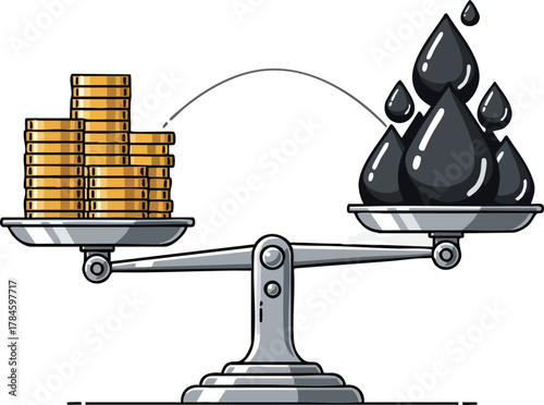 Oil and money balance on scale representing economic concepts and trade.