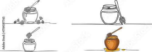 A collection of four illustrations of a honey jar with a dipper, presented in both colored and black and white line art styles.