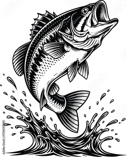 Jumping bass fish illustration black and white fishing vector design eps silhouette